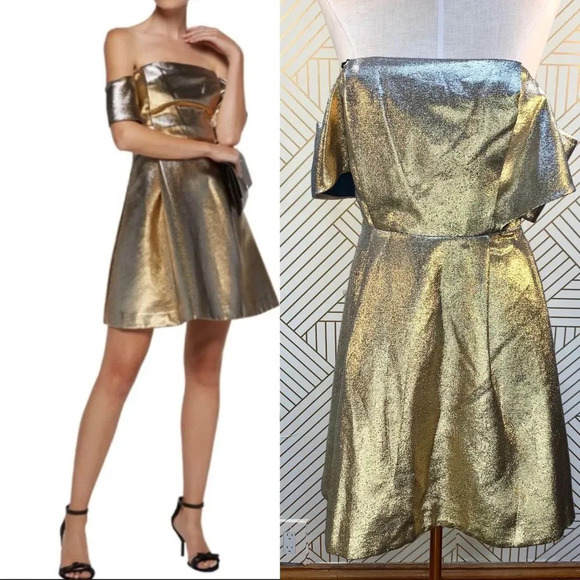 Sandro Palacio Metallic Gold Off Shoulder Dress - Picture 1 of 11